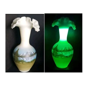 Vtg Vaseline Satin Glass Ruffled Rim Hand Painted Signed Vase 10” Mountain Lake - Picture 1 of 13