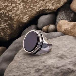 Men's Black Onyx Signet Ring Silver Vintage Gothic Biker Fashion Jewelry - Picture 1 of 5