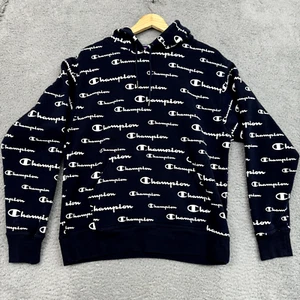 Champion Hoodie Sweater Boys M Blue White Logo All Over Print Kangaroo Pocket - Picture 1 of 18