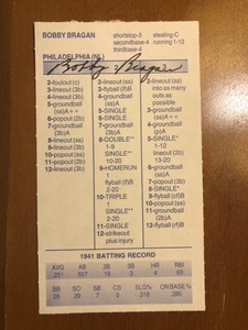 Bobby Bragan STRAT-O-MATIC Signed / Auto Card Debut. 1940 Phillies