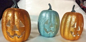 Lot of 3 6" Halloween Sparkle Glittery Orange & Bluish Green Pumpkins - Picture 1 of 3