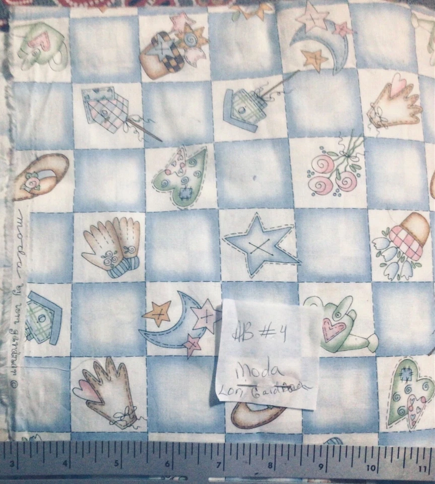 Moda Lori Gardner Garden Theme on Blue Checks Cotton Fabric By the Yard - Image 1 of 1