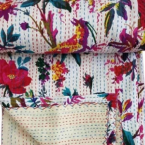 Vintage Kantha Indian Birds Print Kantha Quilt Cotton Bedspread Blanket Throw - Bild 1 von 5