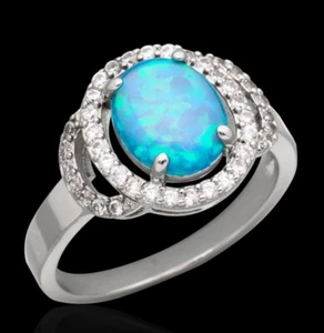 Stunning Ocean Blue Fire Opal CZ Halo Ring Size 9 - Picture 1 of 3