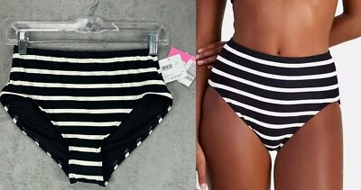 Parte inferior de bikini Kate Spade New York bretón negro a rayas cintura alta talla pequeña nueva con etiquetas Foto 1 de 4