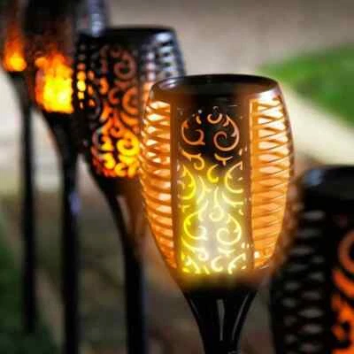 Large Solar Flame Effect LED Stake Lights Outdoor Garden Tiki Lamps Flickering - Image 1 of 4