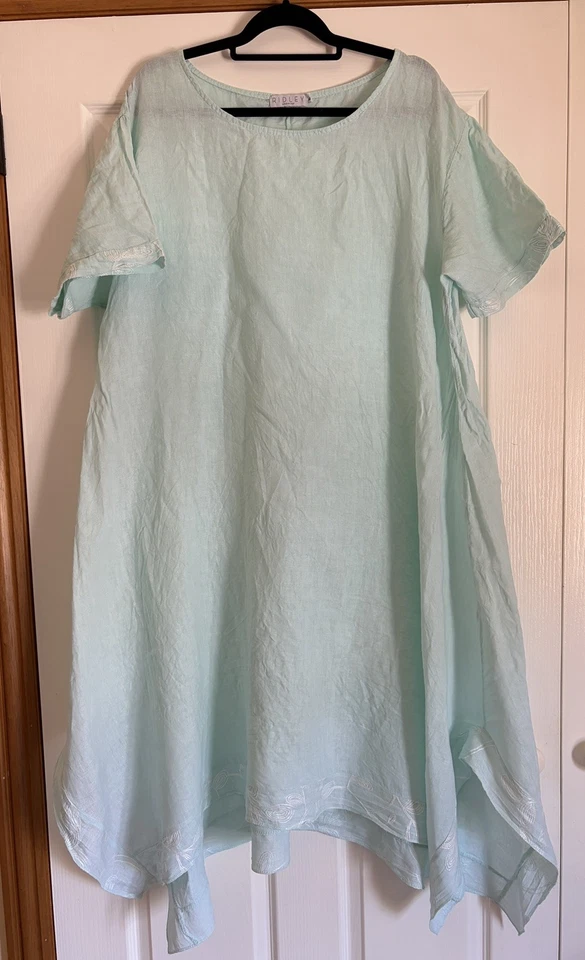 Size XL Ridley Italy Linen Long Dress Green Blue Short Sleeve Embroidered  - image 1 of 4