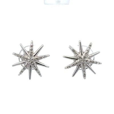 Designer 925 Sterling Silver Pave Diamond 10 Point Star Celestial Stud Earrings - Image 1 of 4