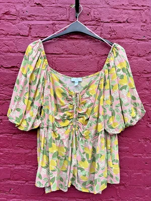 New Look Vacay Vibes Pink Lemon Print Ballon Sleeve Blouse Size 26 - Image 1 of 4