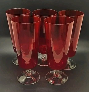 5 vasos altos de tallo retorcido transparente rojo rubí soplado a mano 7,25" 18,5 cm - Imagen 1 de 5