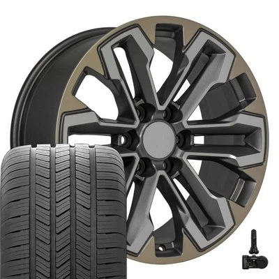 OE Wheels CV69 20x9 Gunmetal Wheels & 275/55R20 Goodyear Tires, TPMS Set 6X139.7 - Image 1 of 4