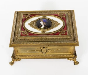 Antique Gilt Bronze Jewellery Casket & Limoges Miniature  c.1870 19th Century - Picture 1 of 1