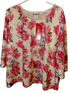 Rebecca Malone Women’s Tan w/ Red Flowers Blouse 3/4 Sleeve Plus Size 1X NWT - Picture 1 of 5