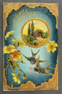 Antike AK HERZLICHE GRÜSSE Vögel Blumen geprägt Goldrand vergoldet Germany - Bild 1 von 2
