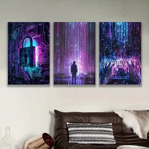 3pcs Neon Lit Cyberpunk Artwork Wall Art Canvas Unframed/Framed - Picture 1 of 8