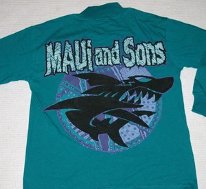 MAUI & SONS BOY Aqua Long Sleeve Tee Shirt Surf Shark Screen Printed Sz S to L  - Picture 1 of 6