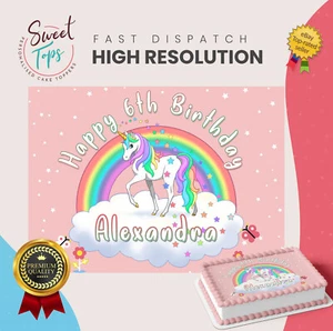 Unicorn Personalised Rectangle Edible Birthday Cake Topper Cake Decoration - Picture 1 of 7