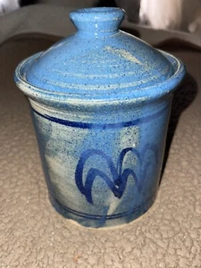 Stoneware Art Pottery Canister and Lid Beige & Blue Signed #49A - Picture 1 of 6