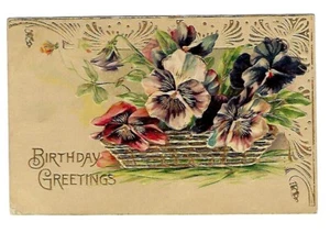Cesta colorida de flores en relieve postal de cumpleaños de principios de 1900 - Imagen 1 de 2