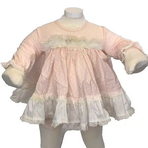 Vintage Mini World Newborn Baby Doll Bloomers Set Pink Swiss Dot Lace Ruffle Bow - Picture 1 of 9