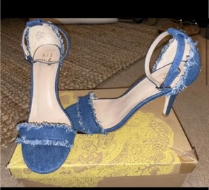 Glaze Women's Denim Ankle Strap Stiletto 4 Inch High Heels - Picture 1 of 7