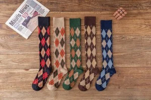 Knee High Plaid Socks - Women Stockings Striped Retro Sock Casual Long Footwear - Picture 1 of 33