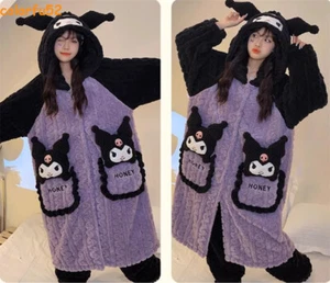 Kawaii Kuromi Coral Fleece Sleeping Robe Pants Women Winter Pajamas Home Wear - Picture 1 of 11