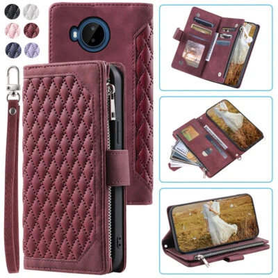Luxury Rhombic Leather Wallet Case Zipper Flip Card Case For Nokia C20 Plus - Image 1 of 4