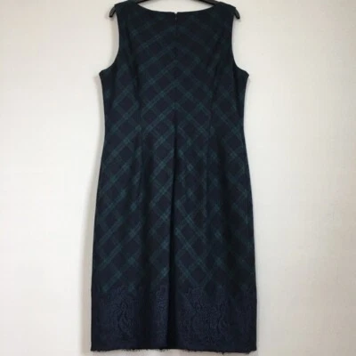 Talbots Wool Blend Green & Blackwatch plaid lace hem sleeveless sheath dress 14 - Image 1 of 4