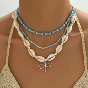 Shell Dragonfly Pendant Multi-layered Necklace Women's Boho Style Jewelry Gift - Picture 1 of 5