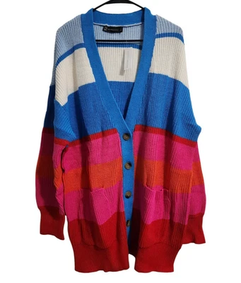 New York & Company NY&Co Womens L Cardigan Sweater V-Neck Striped Cotton Blend - Image 1 of 4