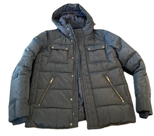 Abrigo de invierno H&M para hombre mediano-40R azul oscuro con capucha patrón de puntada de motociclista acolchado - Imagen 1 de 17