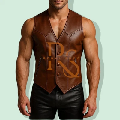Men's Dark Brown Party Leather Vest In Soft Lambskin Leather With Buttons - Image 1 of 3