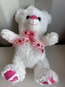Weißer Teddybär 13 Zoll Plüsch rosa Herzen an Füßen und rosa rotes Herzband - Bild 1 von 5