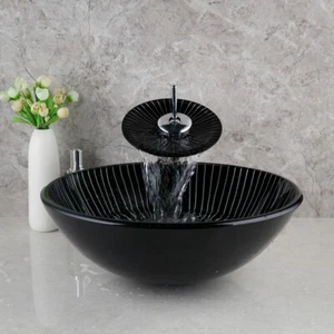 Bathroom Tempered Glass Vessel Sink Top Basin Bowl Faucet Pop-up Drain Combo Set - Picture 1 of 8