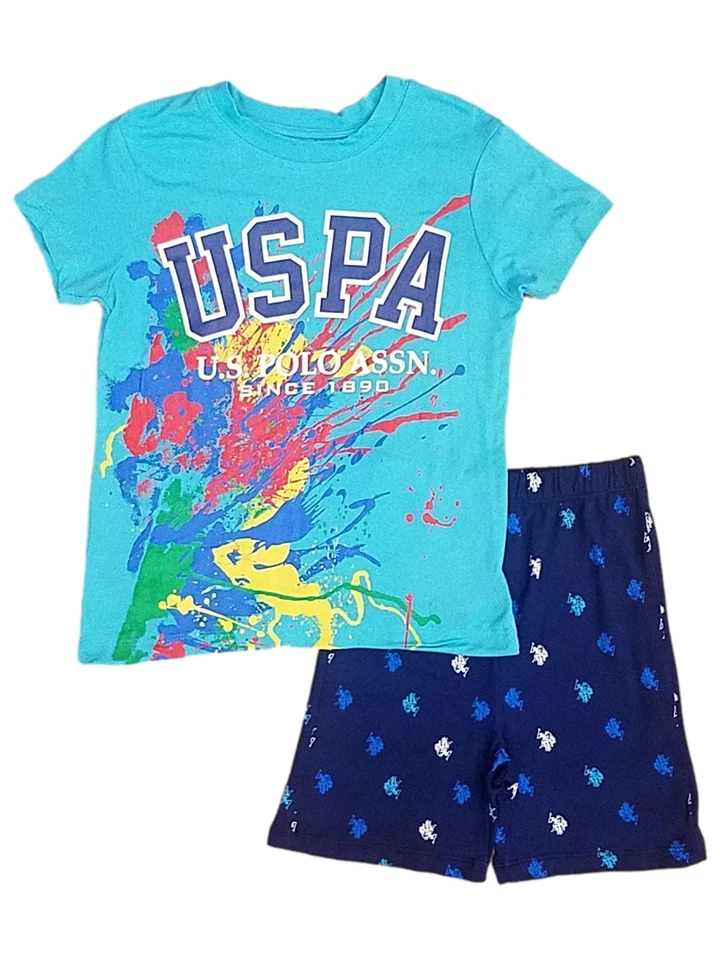 Conjunto de camiseta y pantalones cortos con salpicaduras de pintura de la Asociación de Polo verde azulado de la USPA para niños Foto 1 de 1