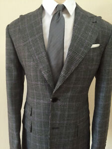 Grey plaid super 150 Cerruti fall wool suit/5 inch wide peak lapel/ticket pocket