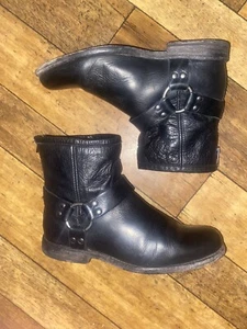 Frye Phillip Harness Black Leather Biker Ankle Boots Size 4.5 37 Festival Womens - Picture 1 of 19