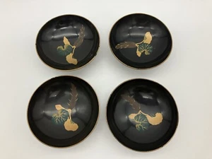 4 Green with Gold Plant &Root Lacquer Ware Rice Sake Sauce Bowls 4 3/8" x 1 5/8" - Picture 1 of 7