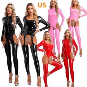 Sexy Women Bodysuit Wet Look Faux Leather Jumpsuit Hollow Out Nightwear Clubwear - Picture 1 of 71