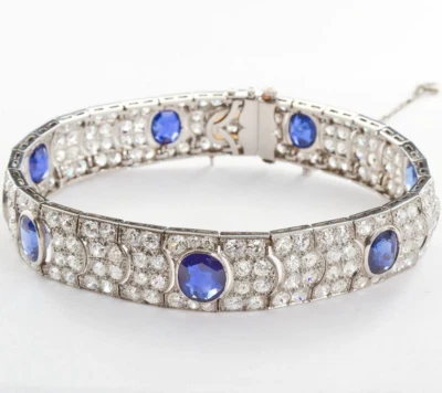 Brazalete de tenis Art Deco francés de diamantes blancos y zafiros azules muy fino de 25,6 TCW Foto 1 de 4