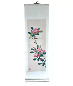 Chinese Silk 25" Scroll Painting Asian Bird Hibiscus Flowers Signed Vintage 50s - Picture 1 of 7