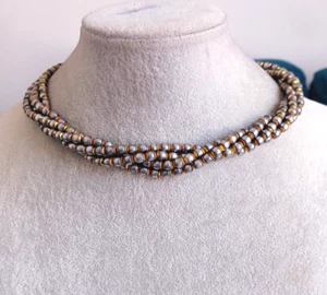 Vintage Collar Necklace Twisted Multi Strand Grey & Gold Beads Jewellery - Imagen 1 de 6