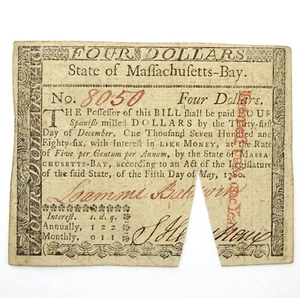 Massachusetts $4 Four Dollars May 5, 1780 MA-281 Colonial Currency Watermarked - Picture 1 of 8