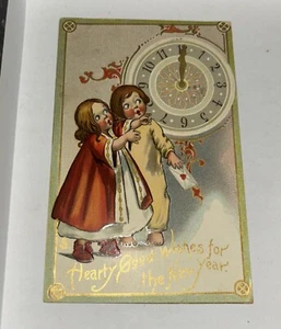 VTG Tuck New Year Postcard 145 Girls Watching Clock NIGHT GOWNS Hearts Hearty - Picture 1 of 5