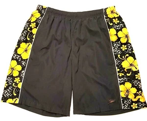SPEEDO Mens XL Hawaiian Design Gray Drawstring Board Shorts Yellow Hibiscus - Picture 1 of 4