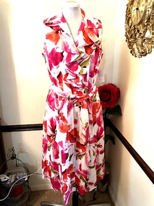 Jones New York PINK & weiß Blumendruck mit Gürtel Fit & Flare Kleid Größe 16W - Bild 1 von 17