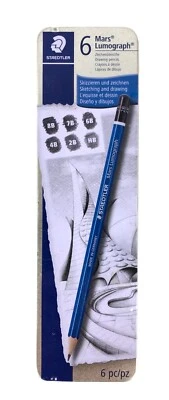 New Staedtler Mars Lumograph Black Set of 6 Tin Carbon Wood Eco Pencils Drawing - Image 1 of 4