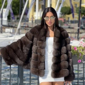 Cappotto donna vera pelliccia di volpe invernale giacca zibellino scuro moda spesso caldo capospalla - Foto 1 di 7