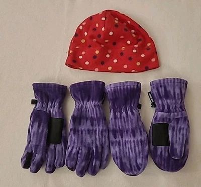 Lands End Kids Medium Girls Purple Fleece Mitten Glove Lot Plus a Hat - Image 1 of 3